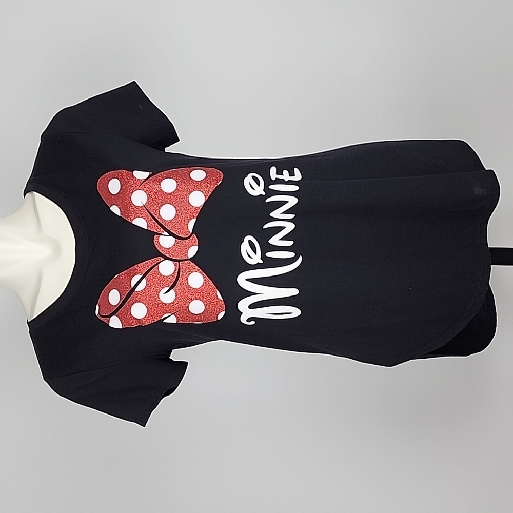 Disney Minnie Mouse Short Sleeve T-Shirt Black Red Glitter Bow Size Medium  7, 9